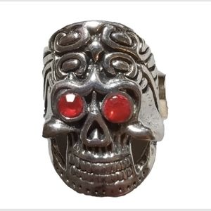SKULL HEAD INLAYED RED EYES BIKER RING MEN WOMENS jewelry BLACK/SILVER Size 9